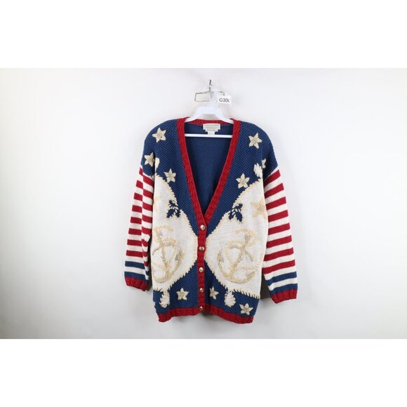 Vintage Sweaters - Vtg 90s Streetwear Womens Medium Hand Knit Flower Boat Anchor Cardigan Sweater